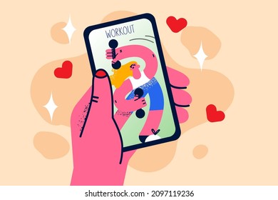 Close up of woman hold smartphone train online with web class on device. Female do sports have training or workout on cellphone. Webcam call with trainer or coach. Flat vector illustration. 