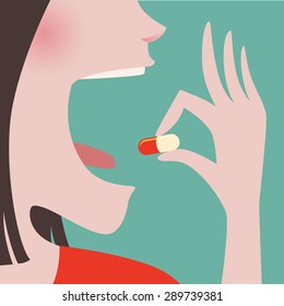 Close Up Of Woman In Red Clothes Taking A Pill In To Her Mouth