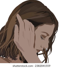 close up of woman from the side holding her hair, no background