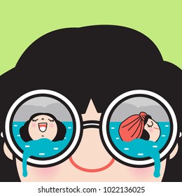 Close Up Of A Woman Wearing Reflective Sunglasses In A Tropical Sea With Reflection Of The Girls Swimming In The Lens Concept Card Character illustration