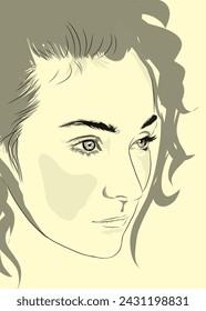 close up of a woman's face with long hair on a yellow background