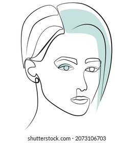 Close up of a woman's head with colored hair, line art on white isolated background. Vector illustration