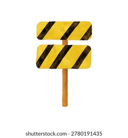 Close up of a yellow and black hazard sign on a wooden stake