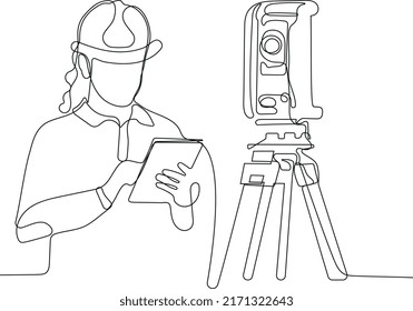 Close up of young Caucasian worker with helmet on head using tablet for work while standing in warehouse. Surveyor with a tripod icon. Geodesic tripod. Vector illustration