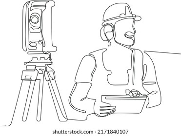 Close up of young Caucasian worker with helmet on head using tablet for work while standing in warehouse. Surveyor with a tripod icon. Geodesic tripod. Vector illustration