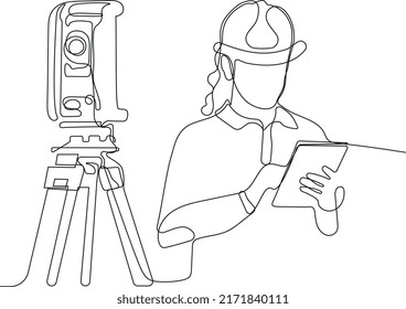 Close up of young Caucasian worker with helmet on head using tablet for work while standing in warehouse. Surveyor with a tripod icon. Geodesic tripod. Vector illustration