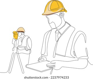 Close up of young Caucasian worker with helmet on head using tablet for work while standing in warehouse. Surveyor with a tripod icon. Geodesic tripod. Vector illustration