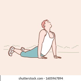 close up young man runner warm up and stretching before training at sunset time. Hand drawn style vector design illustrations.