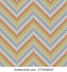 Close up zigzag chevron stripes knit texture geometric vector seamless. Fair isle sweater knit tricot  fabric print. Winter seamless knitted pattern. Winter holidays wallpaper.