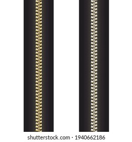 Cierre la cremallera sin problemas. Vector de cierre de cremallera realista. Cajón metálico elegante de cremallera negro de plata dorada. Ilustración gráfica