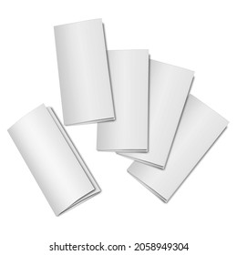 Closed A4 trifold blank white paper brochures - vector mockup. Folding leaflet mock-up. Tri-fold flyer set. Template for design