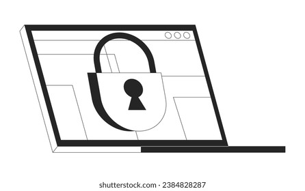 Closed access on laptop screen bw concept vector spot illustration. Confidential information. Private 2D cartoon flat line monochromatic object for web UI design. Editable isolated outline hero image