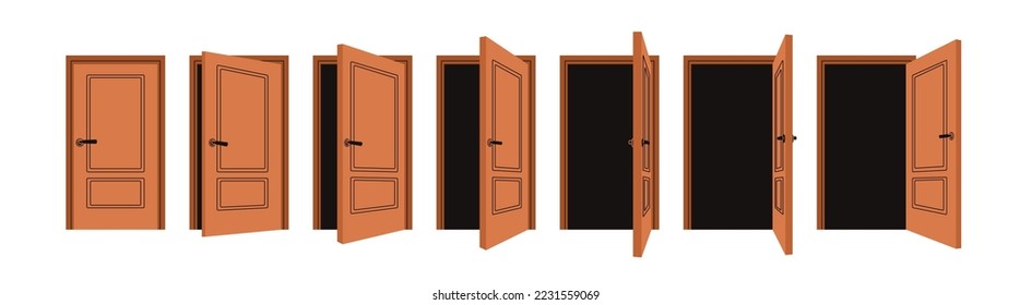 Closed, ajar and open wood door, sequence of stages. Closing doorway, process for animation. Locked, shut, unlocked entrance, entry, doorframe. Flat vector illustration isolated on white background