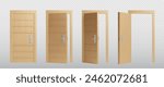 Closed, ajar and open wooden front door. Realistic 3d vector illustration set of sequence step of entrance opening. House or office interior element with light wood texture. Doorway with handle mockup