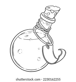 Closed apothecary bottle sketch. Glass bottle or vial with a label for games. Vector illustration isolated in white background