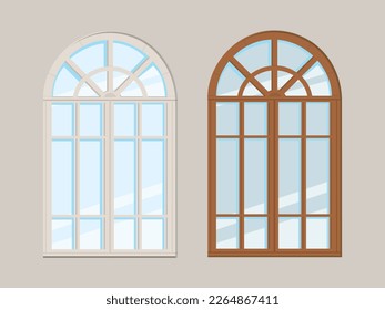 Closed arched windows isolated on white background. Wooden frame and glass. Vector illustration