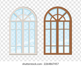 Closed arched windows isolated on transparent background. Wooden frame and glass. Vector illustration