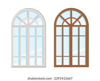 Closed arched windows isolated on white background. Wooden frame and glass. Vector illustration