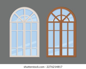 Closed arched windows isolated. Wooden frame and glass. Vector illustration