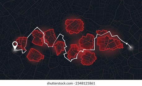 Closed area, district, road. Detailed view of city from above. City Navigation and GPS map: Vector Illustrations of Urban Districts, Roads, and Landmarks. Top-Down View. City top view. Red Sign.