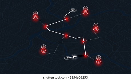 Zona cerrada, distrito, carretera. Vista detallada de la ciudad desde arriba. Navegación urbana isométrica, mapa GPS: Ilustraciones vectoriales de distritos urbanos, carreteras y monumentos. Vista descendente. Vista superior de la ciudad. Signo rojo