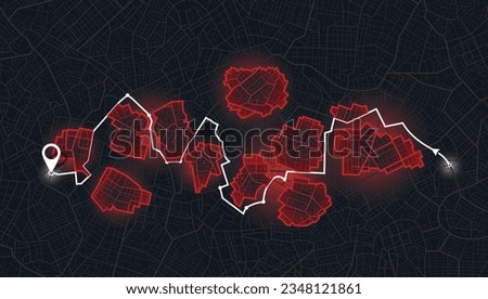 Closed area, district, road. Detailed view of city from above. City Navigation and GPS map: Vector Illustrations of Urban Districts, Roads, and Landmarks. Top-Down View. City top view. Red Sign.