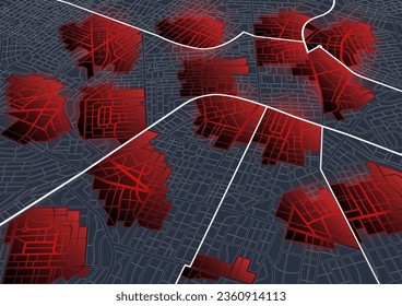 Closed area, district, road. Map of the route with data on the distance and turns of the route. Blocked areas and roads. Abstract map with blocked streets, fenced off sections of the path. Vector