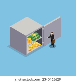 Closed bank safe, dollars in a deposit box isometric 3d vector illustration concept for banner, website, illustration, landing page, flyer, etc.