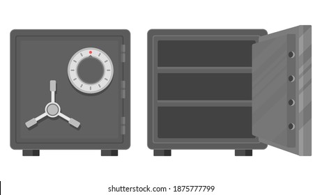 Closed bank safe and empty deposit safe with open door. Flat vector cartoon illustration on white background. Equipment for the safe storage of money. Protection, guarantee of bank deposits.