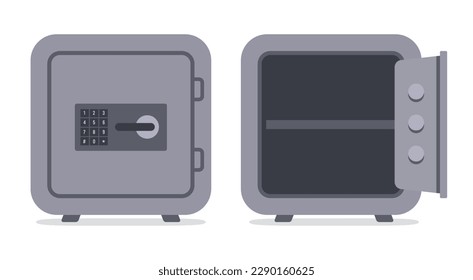 Closed bank safe and open empty safe. Vector.