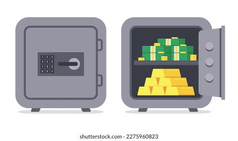 Closed bank safe and open safe with money and gold bars. Vector.