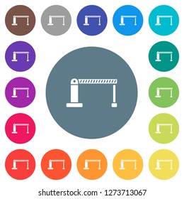 Closed barrier flat white icons on round color backgrounds. 17 background color variations are included.
