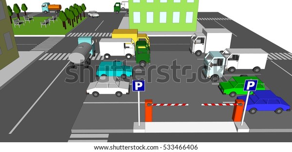 Closed barrier on car parking lot 3d side\
view.  Isometric part of town with parking, gate, trees, cars and\
roads.  Vector\
illustration.
