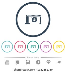 Closed barrier with stop sign flat color icons in round outlines. 6 bonus icons included.