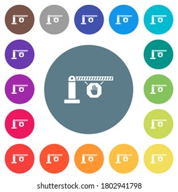 Closed barrier with stop sign flat white icons on round color backgrounds. 17 background color variations are included.