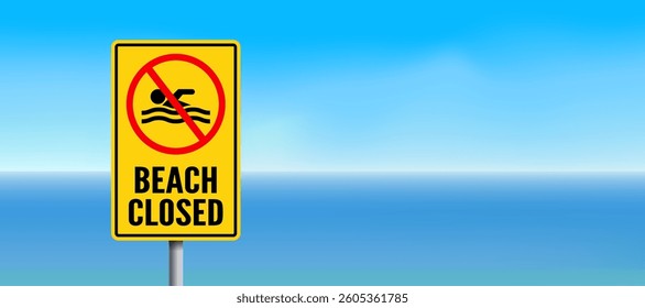 closed beach sign on sky sea background copy space vector illustration