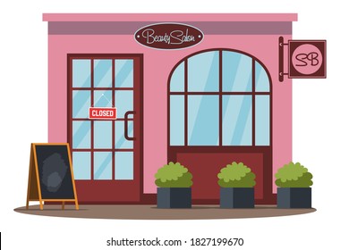 Closed beauty salon front view background. Economy fail due to covid epidemic vector illustration. Empty beauty center, outside scene at window and door with closed sign hanging.