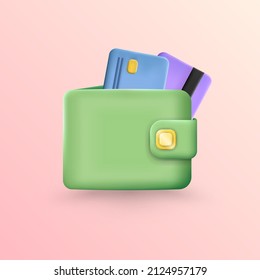 Doble cerrado con tarjetas de crédito de plástico de colores aisladas en un fondo rosado. Caricatura monedero tridimensional de cuero verde con botón de oro. Ilustración vectorial con bolsillo para dinero EPS 10