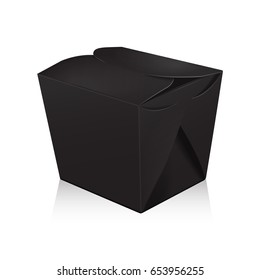 Closed black blank wok box mockup. Vector 3d packaging. Carton box for asian or chinese take away food paper bag for your design