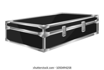 Closed black cargo box for safe transportation musical instruments, reinforced with aluminium corners. Equipment container vector illustration.