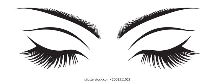 Closed black eyes of woman with long false eyelashes, isolated vector illustration on white background