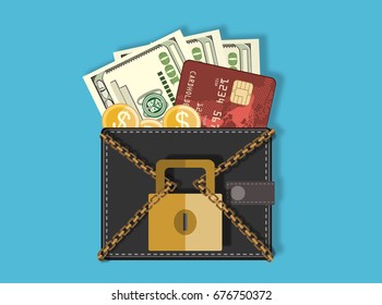 Closed black leather wallet with dollar cash, coins, debit credit cards inside and locked pad lock with chain. vector illustration in flat design on blue background.