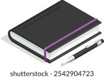 Closed black notebook with a purple bookmark lies next to a pen in an isometric view, suggesting themes of writing, planning, and organization