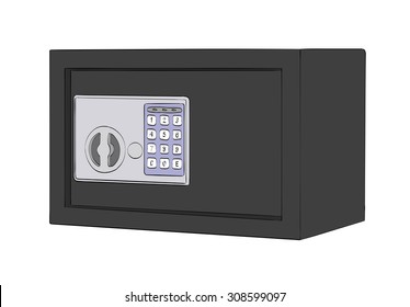 closed black safe on a white background