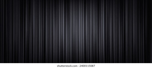 Closed black theater or cinema stage curtain with folds and circle spotlight. Realistic vector background of presentation or show ceremony fabric waved drapery. Backdrop tissue on scene with light.