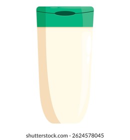 Closed blank beige plastic cosmetic bottle with green flip top cap for shampoo, conditioner or lotion, isolated vector illustration