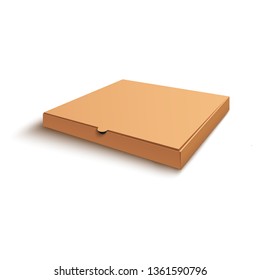 Closed blank brown pizza box mockup vector illustration isolated on white background. Craft paper food package for pizzeria brand identity design or promotion in realistic style.