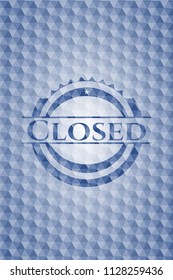 Closed blue badge with geometric background.