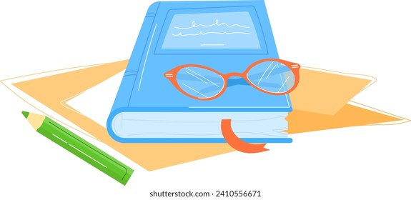 Closed blue book with orange glasses and green pencil on yellow papers. Education and reading concept vector illustration.
