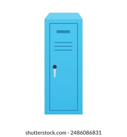 Closed blue cabinet in flat design. Metal interior element suitable for a gym or school, located on an isolated white background. Vector illustration.